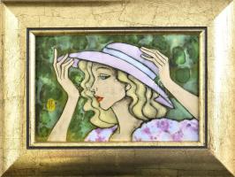Hernádi Paula (1947-): Rózsaszín kalapos lány. Tűzzománc, jelzett, fa keretben, 13×20 cm
