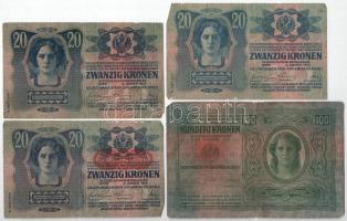 1912. 100K piros "MAGYARORSZÁG" felülbélyegzéssel + 1913. 20K (3x), közte piros "MAGY...