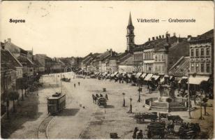 1916 Sopron, Várkerület, villamos, piac, Lang Frigyes üzlete. Blum Náthán és Fia kiadása (EK)