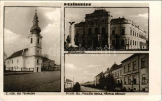 1948 Mezőberény, Evangélikus templom, Községháza, emlékmű, M. kir. állami polgári iskola, Fő utcai részlet. Hangya szövetkezet kiadása (EK)