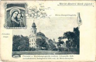 1910 Máriabesnyő (Gödöllő), Kegytemplom, kegyhely, Jótanács Anyja. Üdvözlet a Máriakongregációk rendezte kilencedik férfizarándoklatról Budapestről 1910. máj. 22. Mária-Besnyőre. Art Nouveau, floral (EK)