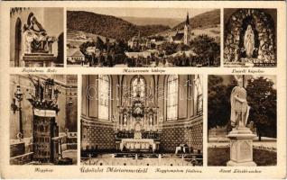 1941 Budapest II. Máriaremete, látkép, Kegytemplom főoltára, Kegykép, Fájdalmas Szűz, Szent László szobor, Lourdes-i kápolna