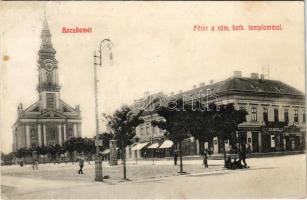 1911 Kecskemét, Főtér, Római katolikus templom, Gyógyszertár, üzletek (EK)