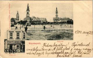 1900 Kecskemét, Piac tér, Városháza, templomok, Fekete Mihály üzlete és saját kiadása (EK)