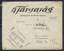 Endrődi Béla író, újságíró verse feleségének A Társaság c. lap fejléces papírján + boríték