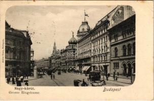 1899 (Vorläufer) Budapest VIII. Nagykörút, Blaha Lujza tér, Hotel Rémi szálloda, villamos. Anton Ganz (EK)