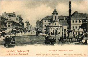 Budapest VIII. Kerepesi út (Rákóczi út), Rókus kórház, lóvasút, Heller M. üzlete reklámja. Schmidt Edgar 1830. (fa)