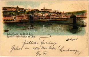 1901 Budapest, Lánchíd és budai látkép. Gustav Ertel litho