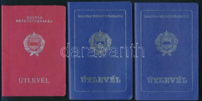 cca 1975-1990 3 db Magyar Népköztársaság útlevél, egyik 1990. május. 15. keltezésű és valutalappal!
