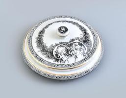 Hollóházi Jurcsák László által tervezett mintával díszített porcelán bonbonier, matricás, jelzett, apró kopásnyomokkal, d: 15 cm, m: 7 cm