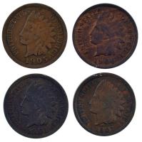 Amerikai Egyesült Államok 1901-1907. 1c bronz Indián fej (4xklf) T:2,2- 1907-es hajlott lemez USA 1901-1907. 1 Cent bronze Indian head (4xdiff) C:XF,VF year of 1907 bent plantchet