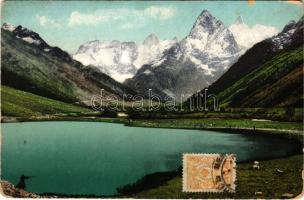 1913 Caucasus, Le Caucase; Route militaire de Soukhoum. Le lac Toumanli-Kel et les montages neigeuses du sommet sentier du sommet Klouchorsky / lake (EK)