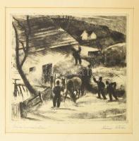 Szőnyi István (1894-1928): Szénahordás télen. Rézkarc, papír, jelzett, paszpartuban, 18,5×20 cm