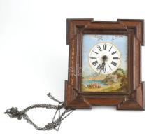 Antik, festett számlapos óra szerkezet. Hiányos, kopott, fa keretben 16x28 cm