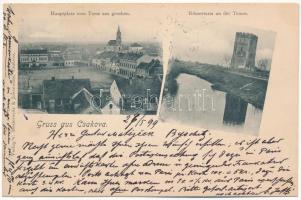 1899 (Vorläufer) Csák, Csákova, Ciacova; Fő tér a toronyról nézve, Római torony a Temesen. Mesterovits & Jovanovits / main square, Timis river, bastion tower (EK)