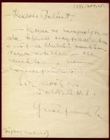 1946 Gaál Franciska színésznő saját kézzel írt és aláírt levele