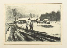 Kovács József (?-?): Téli falun. Rézkarc, papír, jelzett, paszpartuban, lapszéli apró foltokkal, 19,5×29 cm