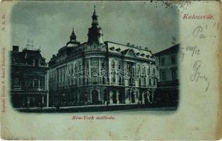 1899 (Vorläufer) Kolozsvár, Cluj; New York szálloda, Schuster Emil és Csíky Mihály üzlete este / hotel, shops, night (EK)