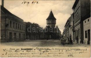 1904 Nagyszeben, Hermannstadt, Sibiu; Harteneck utca és torony, színház. Georg Meyer kiadása / Harteneckgasse / street and tower, theatre