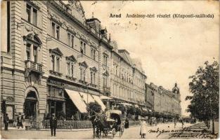 1907 Arad, Andrássy tér, Központi szálloda, Weinberger kávéház, Lengyel Lőrinc bútorgyár reklám a falon / square, hotel, cafe, shops (fl)
