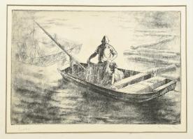 Görög Rezső (1930- ?): Este (Halászok). Rézkarc, papír, jelzett, paszpartuban, 19,5×29 cm