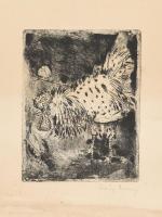 Láng Rudolf (1904-1991): Kakas. Rézkarc, papír, jelzett, feltekerve, törésnyommal, lap széle foltos, 16,5×13 cm