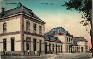 1914 Nagykároly, Carei; vasútállomás. Sámuel Sándor kiadása / railway station