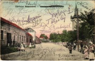 1914 Kraszna, Crasna; utca, református templom. Boda Béla kiadása / street, Calvinist church (EK)