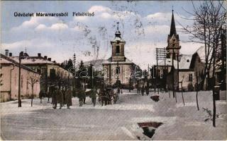 1940 Felsővisó, Viseu de Sus (Máramaros); templom, Fő utca télen / main street, churches, winter + "1940 Máramarossziget visszatért" So. Stpl (EK)