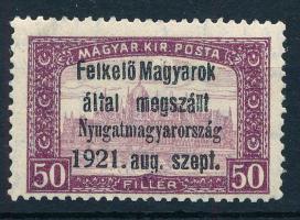 Nyugat-Magyarország I. 1921 Parlament 50f próbanyomat Bodor vizsgálójellel