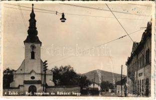 1943 Zsibó, Jibou; Református templom és Rákóczi hegy. Végh Dávid kiadása / Calvinist church, street view (fl)