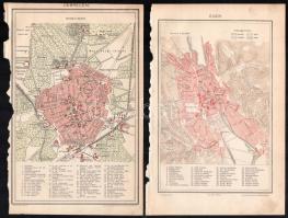 4 db város térkép (Debrecen, Eger, Kassa, Esztergom) a Pallas Nagy Lexikonából, részben sérült és foltos, 23x14 cm