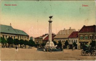 1907 Dés, Dej; Piac tér, emlékmű, Kereskedelmi bank részvénytársaság, Polgári Bank, üzletek. Gálócsi Samu kiadása / market square, shops, monument, banks