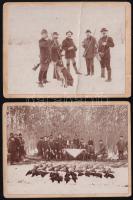 1904 Vadászat emlékére, 2 db vadász fotó, keményhátú fotók, a hátoldalakon feliratozva, Bosznay István (1868-1944) festőművész hagyatékából, az egyiken törésnyommal, 12x9 cm