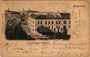 1902 Nagyvárad, Oradea; Honvéd laktanya és fő utca. Sonnenfeld Adolf kiadása / K.u.k. military barracks and main street (EK)