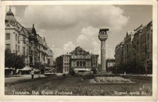 1936 Temesvár, Timisoara; Bul. Regele Ferdinand / utca, villamos, emlékmű, rendőr / street view, monument, tram, policeman (EK)