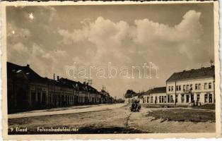 1943 Élesd, Alesd; Felszabadulási tér, Mezey Márton, Osztreicher Sándor, Novák Kálmán, Sulla Béla és Hangya üzlete / square, shops (EK)