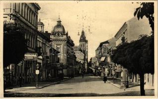 1938 Kassa, Kosice; Mlynská ul. / Malom utca, Europa étterem, bank, üzletek / street view, restaurant, bank, shops + "1938 Kassa visszatért" So. Stpl.