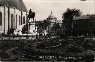 1940 Kolozsvár, Cluj; Mátyás király tér és szobor / square, statue, monument. photo + 1940 Kolozsvár visszatért So. Stpl.