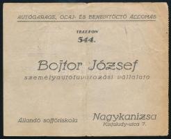 1941 Bojtor József személyautófuvarozási vállalata, autógarage, olaj- és benzintöltő állomás, Nagykanizsa, fejléces jegyzék (taxi számla), bélyegzővel