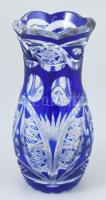 Kék ólomkristály váza, kopásokkal, m: 16 cm
