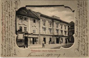 1901 Temesvár, Timisoara; Szent György tér, Lenz János szállodája, kávéháza és sörcsarnoka, Rosner Márk üzlete, villamos. Polatsek-féle kiadása / square, hotel, cafe and beer hall, shop, tram. Art Nouveau