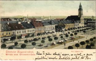 1902 Nagyvárad, Oradea; Szent László tér, piac, Huzella M. és Ausländer üzlete / square, market, shops (kis szakadás / small tear)