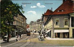 1914 Nagyszeben, Hermannstadt, Sibiu; Disznódi utca, villamos, Julius Wermescher üzlete, Római császár szálloda. G. A. Seraphin, Jos. Drotleff / Heltauergasse / street, shops, tram, hotel