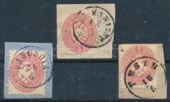 1864 5kr 3 db levélkivágáson szép / olvasható bélyegzésekkel PANCSOVA, NAGY-KANIZSA, PESTH