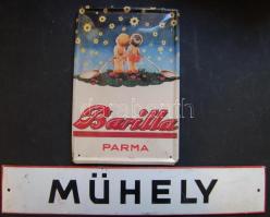 Egy darab Barilla Parma reklám tábla szignálva és egy zománc műhely feliratú tábla