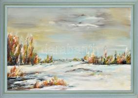 Koncz Eta (?-2016): Téli táj az Alföldön. Olaj, farost, jelzett, fakeretben, 55×84 cm