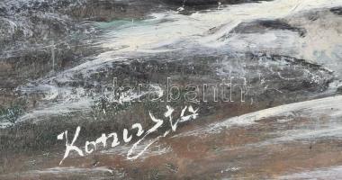 Koncz Eta (?-2016): Téli táj az Alföldön. Olaj, farost, jelzett, fakeretben, 55×84 cm