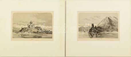 cca 1860 Visegrád és Esztergom két rotációs fametszetű látkép paszpartuban 17,5x11,5 cm