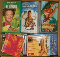 Nagy doboz DVD/CD/MC/VHS gyűjtemény, mellé rengeteg vegyes tokkal